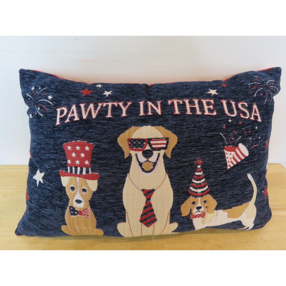 Pawty In The USA Patriotic Fourth of July Dog Lumbar Throw Pillow Navy Red